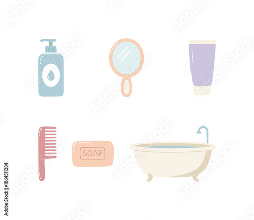 Bathroom Accessories and Personal Hygiene Set Including Soap Bathtub Comb Mirror Lotion and Cream Isolated on White Background