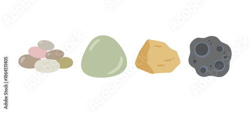 Various shapes and textures of stones and rocks collection including pebbles smooth boulders and volcanic crater stones on white