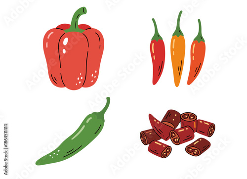 Fresh vegetable set with whole red bell pepper spicy chili peppers and sliced chopped pepper pieces isolated on white background