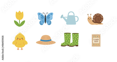 Spring garden elements set with flower butterfly watering can snail chick straw hat rubber boots and flower seeds packet icons