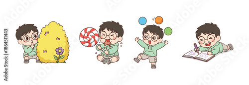 Cute boy character daily activities set including playing hide and seek eating lollipop juggling balls and drawing in sketchbook