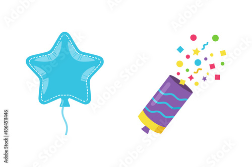 Party celebration items set with blue star shaped balloon and purple confetti popper launcher for birthday and holiday events