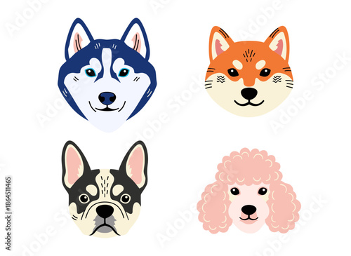 Cute Dog Breeds Head Portraits Set Featuring Husky Shiba Inu French Bulldog and Pink Poodle Flat Vector Illustration Icons