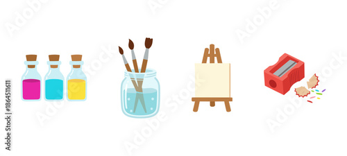 Essential art supplies set featuring colorful paint bottles glass jar with brushes small wooden easel and red pencil sharpener