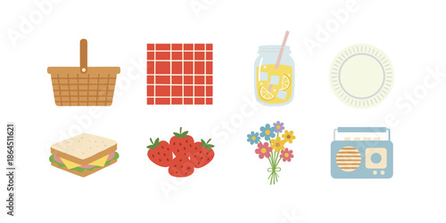 Picnic day vector elements set with picnic basket red checkered blanket lemonade jar sandwich strawberries flowers and vintage radio
