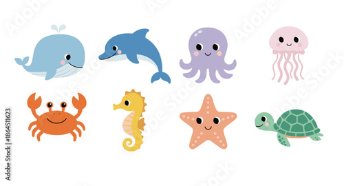Adorable ocean animals collection featuring whale dolphin octopus jellyfish crab seahorse starfish and sea turtle cartoon characters
