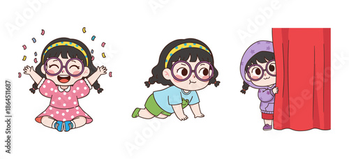 Adorable Little Girl Character Set Showing Different Emotions and Actions Celebrating Crawling and Playing Hide and Seek