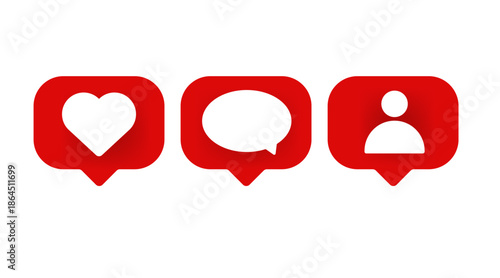 Social media notification icons set. Includes like, comment, and follow symbols. Flat vector illustration for apps, websites, and user interface design.Social media notification icons set. 