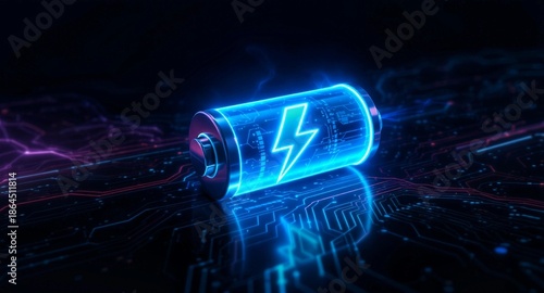Glowing electric battery symbol with vibrant blue lightning bolt rests on futuristic digital circuit board background