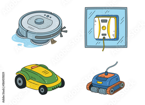 Smart Home Robotic Cleaning Appliances Set Including Robot Vacuum Window Cleaner Lawn Mower and Pool Cleaning Robot Icons