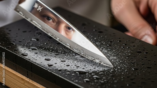 A hyper-detailed close-up of sharpening a Yanagiba sashimi knife on a whetstone. Water droplets bead on the dark stone. The blade glides at a perfect 15-degree angle, creating a fine, steel slurry.