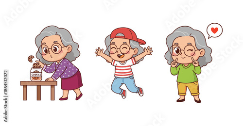 Happy Senior Woman Character Set Stealing Cookies Jumping in Joy and Winking with Heart Bubble Cartoon Vector Illustrations