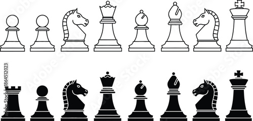 Set of black and white chess piece icons including king queen bishop knight rook and pawn in flat style