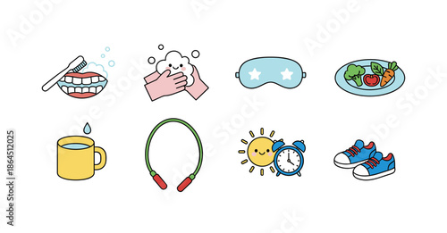 Healthy Morning Routine Icons Set with Toothbrushing Handwashing Sleep Mask Healthy Food Water Exercise and Alarm Clock Icons