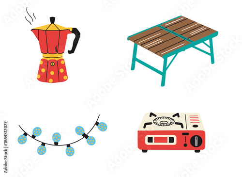 Camping and Outdoor Furniture Icons with Moka Pot Folding Table String Lights and Portable Gas Stove Vector Illustration Set