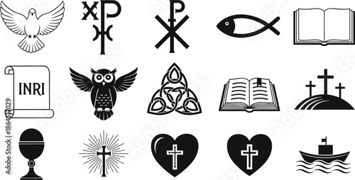 Set of black and white religious icons featuring crosses dove bible fish owl and various spiritual symbols on white