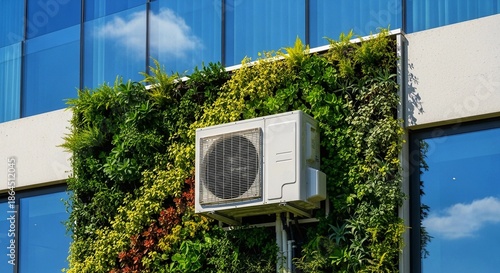 Exterior air conditioning unit installed against a modern building featuring a vibrant vertical garden display