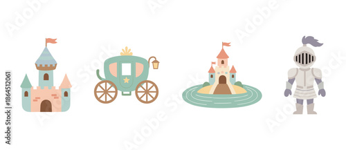 Fairytale Kingdom Set with Castle Fortress Royal Carriage and Medieval Knight Armor Vector Illustration for Kids Design Projects