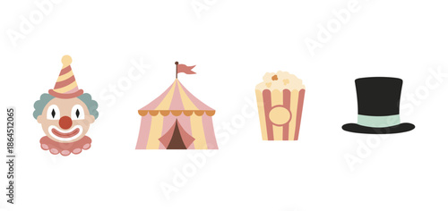 Fun circus entertainment set with cute clown face big top tent popcorn bucket and black magician top hat icons for festival events