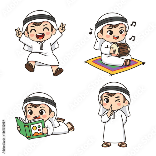 Cute cartoon little arabian boy character playing drum reading book and showing peace sign in traditional white thobe clothing set