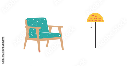 Modern interior furniture set with a cozy blue armchair with white dots and a yellow floor lamp with wavy pattern for home decor