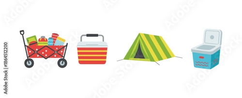 Outdoor Camping Equipment Set with Tent Red Wagon Cooler Box and Storage Container for Summer Adventure and Hiking Activities