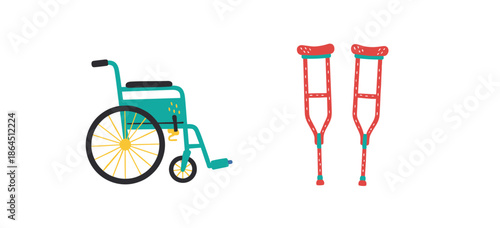 Manual wheelchair and pair of red crutches flat vector illustration isolated on white background medical rehabilitation equipment