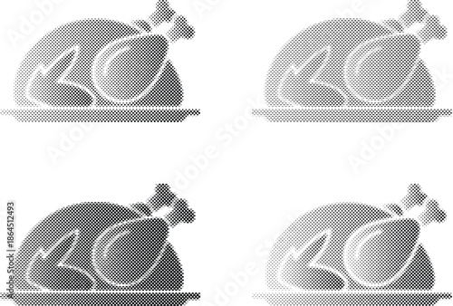 Roasted turkey icons with different halftone dot designs isolated on transparent background, Vector