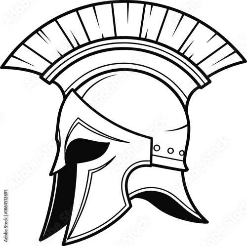 Ancient Greek Spartan gladiator helmet with crest black and white line art vector illustration isolated on white background