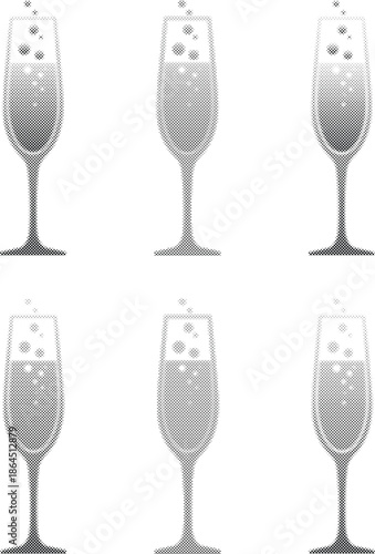 Champagne flutes with varied halftone dot designs isolated on transparent background, Vector