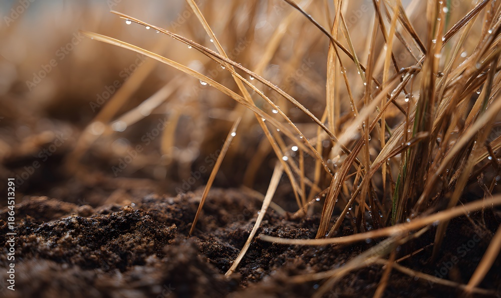 Fototapeta premium vetiver grass in rich dark soil, dew drops visible, warm earthy tones