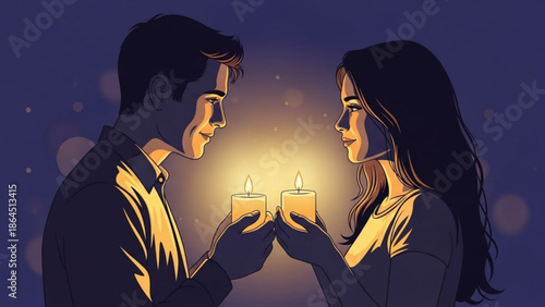 Couple sharing candles, romantic ambiance, warm glow, love, relationship, togetherness