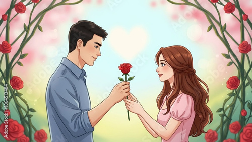 Man giving red rose to woman in pink dress smiling at each other in garden with flowers