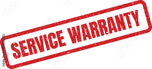 Grungy red rubber stamp with distressed texture showing the phrase SERVICE WARRANTY prominently displayed on a clean surface