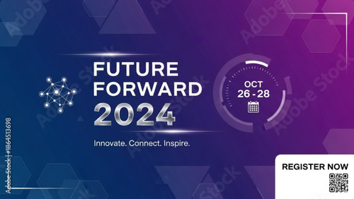 Future forward 2024 event banner with innovative concept and registration qr code on purple
