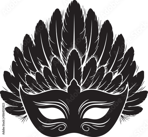 Ornate black masquerade mask with feathers silhouette