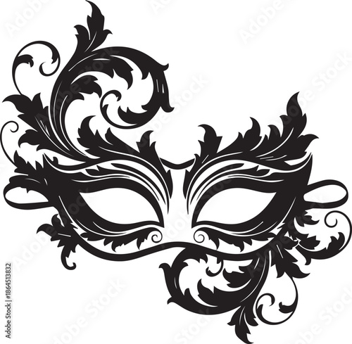 Elegant black masquerade mask with ornate swirls and feathers