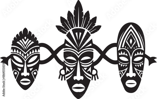 Three african tribal masks connected by a woven pattern