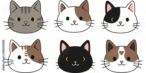 Cute Cat Face Collection With Different Fur Patterns Adorable Kawaii Pet Head Flat Vector Illustration