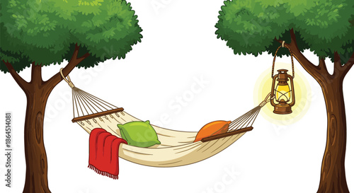 Relaxing white garden hammock tied between two green trees with colorful pillows red blanket and glowing vintage lantern lamp