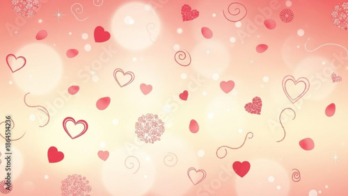 A vibrant festive background with hearts, swirls, and bokeh lights in shades of pink and red