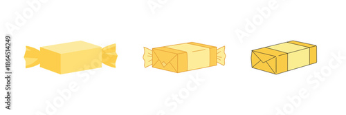 Collection of three individually wrapped butter candies or caramels in yellow packaging, isolated on a white background