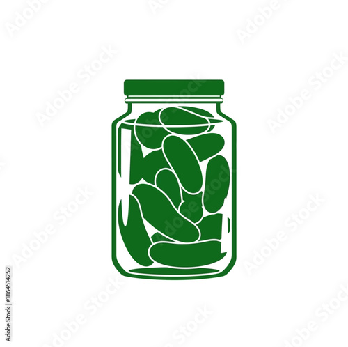 A green illustration showing crisp cucumbers packed in a glass jar, symbolizing traditional preserved food, a tangy snack, or a versatile healthy condiment