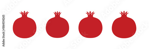 Four Red Pomegranates in a Row, Isolated on a White Background