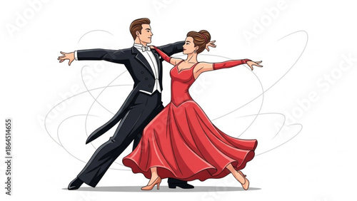 Elegant couple dancing together in formal attire on white background with swirling lines