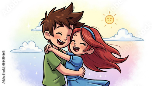 Cartoon happy couple embracing in sunny day with clouds with love