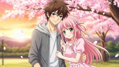 Anime style young couple embracing under blooming cherry blossom tree at sunset