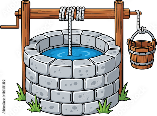 Old stone water well with wooden bucket and rope pulley system vector illustration isolated on white background