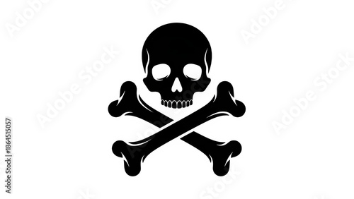 Striking white outline illustration of the classic skull and crossbones symbol against a solid black background representing danger warning hazard or pirate imagery