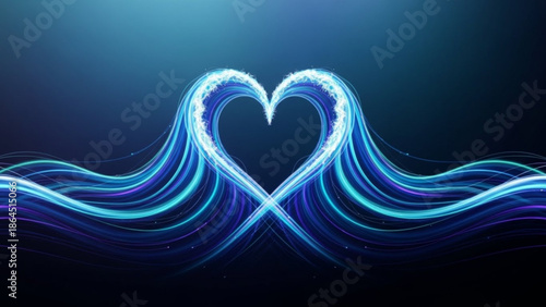 Glowing blue heart shaped light trails on dark background with radiant beams